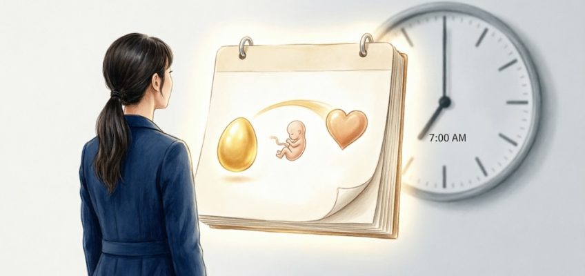 Working woman planning IVF timeline on calendar, abstract illustration